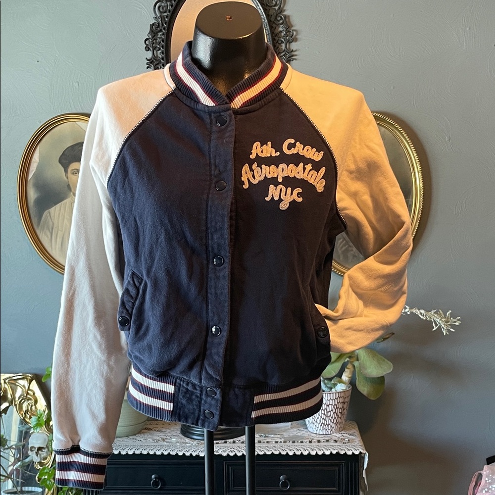 Aeropostale Women's Navy and White Varsity Jacket